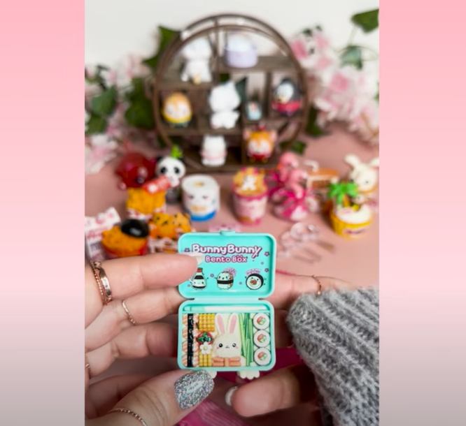 Mini Brands Kawaii Bunny Bunny Bento Box — adorable pink bento box opened to reveal detailed food and tiny chopsticks, featured on Wonder Toy Quest